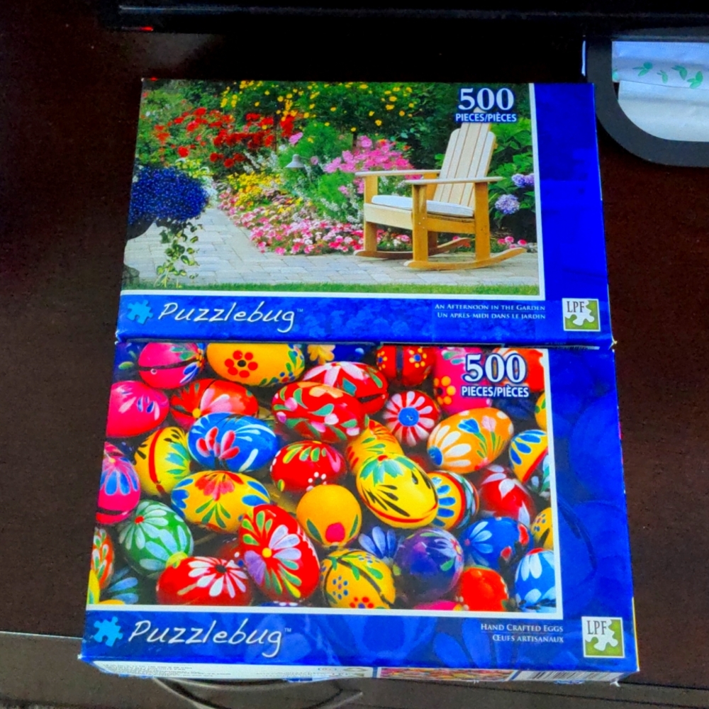2 Puzzlebug 500 Piece's Puzzle “An Afternoon In The Garden & Colorful Eggs